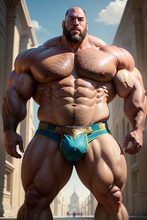 The Big show as a bodybuilder with enormous muscles, wide huge pectorals, wearing roman gladiator clothes, hairy chest, full body, abnormal, oversizing crotch bulging crotch, 
