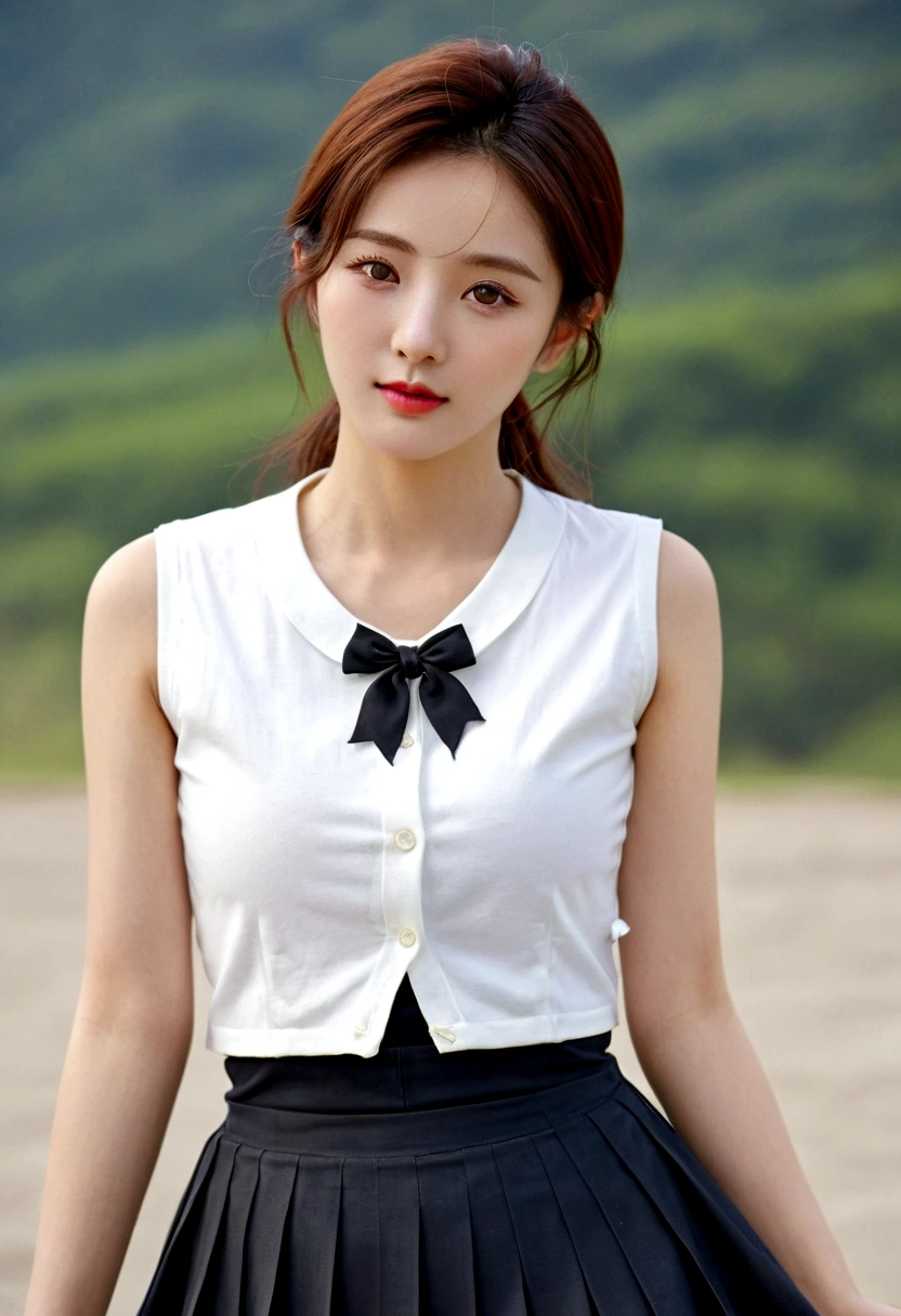 beautiful korean women, JK skirt matching an adult-like long skirt,Telegraph slang,slim body,extra large bust,short woman,36-year-old female,My t-shirt is torn.,white vest,
