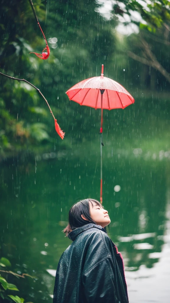 ((crane))、bird、Rainy Sky、1girl,from below