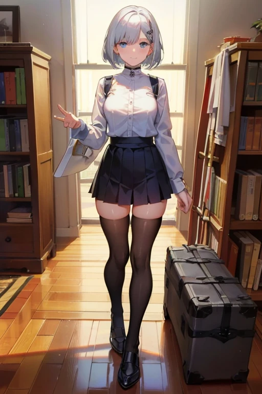 highest quality, expensive_solve, clear_image, classroom, Shy  in uniform, Swollen breasts,mini skirt,Thighs,black tights, (Masterpiece, Best quality, ultra high resolution), 1 girl, Silver hair, Pale skin, Beautiful detailed face, Detailed eyes, posing on a, On a white background, Dynamic lighting, dynamic shadowing, looking at viewer, White stone punk fashion,(Posing for a photo),((White clothes)), (((black thigh highs))), jean shorts, skirt, white sweater, ((Blue eyes)), happy, smiling, black straps, black strap design, ((Long white hair)), energetic, cheerful, cityscape background, (((long black sleeves))), ((long black sleeves)), black sleeves

