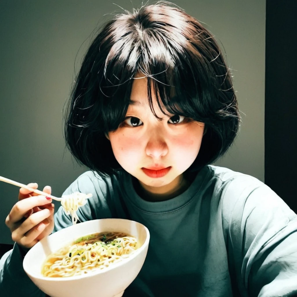 A girl with short hair and bangs is eating instant noodles