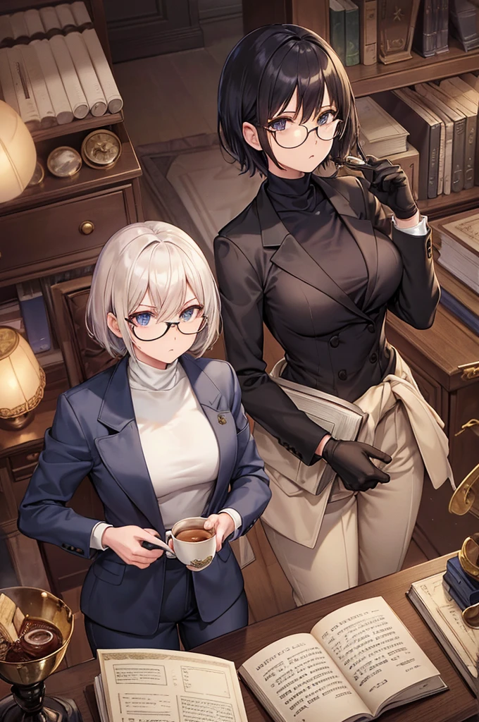 books lying around, cream hair, tall, square glasses, black turtleneck, a beige two-button blazer, dark navy-blue pants, and a pair black gloves, looking at viewer, slightly short hair, female, slim, stern expression, short sword with a metal handle wrapped in leather bindings on her waist, standing, holding a cup of tea