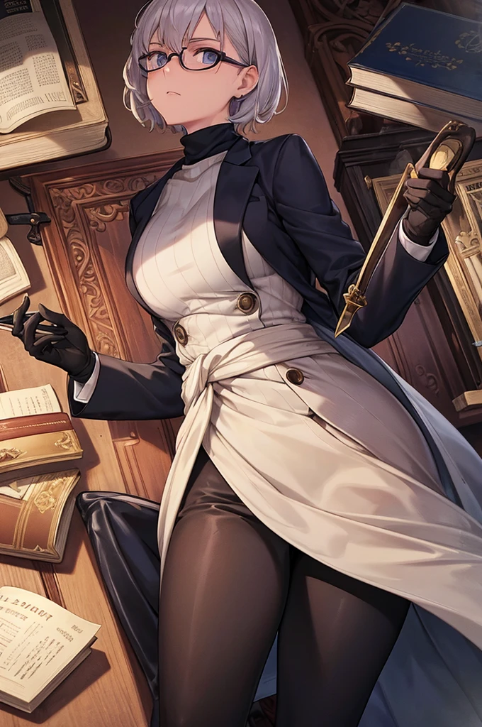 books lying around, cream hair, tall, square glasses, black turtleneck, a beige two-button blazer, dark navy-blue pants, and a pair black gloves, looking at viewer, slightly short hair, female, slim, stern expression, short sword with a metal handle wrapped in leather bindings on her waist, standing, holding a cup of tea