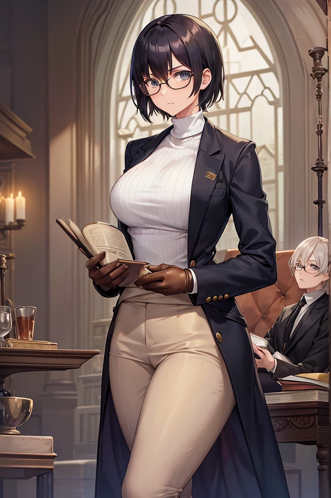 books lying around, cream hair, tall, square glasses, black turtleneck, a beige two-button blazer, dark navy-blue pants, and a pair black gloves, looking at viewer, slightly short hair, female, slim, stern expression, short sword with a metal handle wrapped in leather bindings on her waist, standing, holding a cup of tea