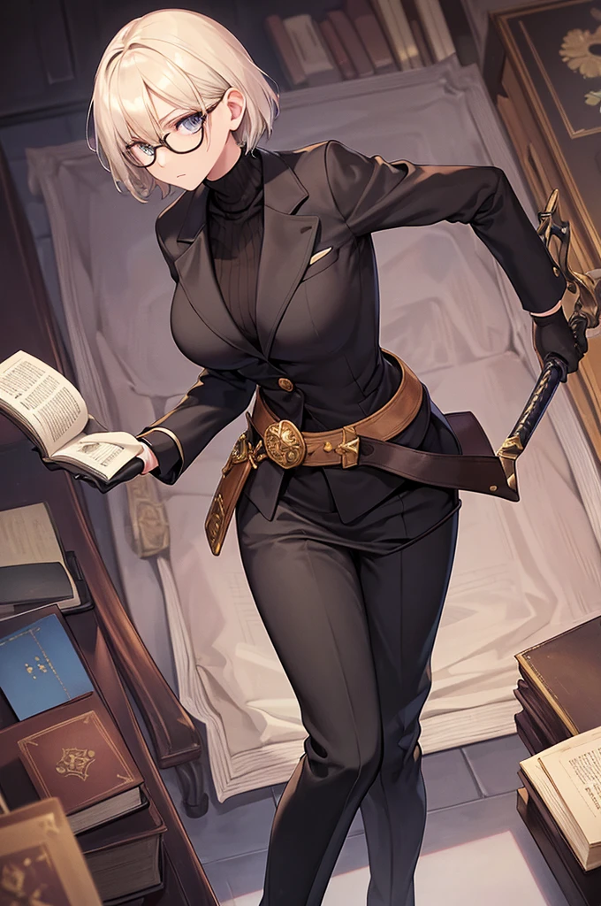 books lying around, cream hair, tall, square glasses, black turtleneck, a beige two-button blazer, dark navy-blue pants, and a pair black gloves, looking at viewer, slightly short hair, female, slim, stern expression, short sword with a metal handle wrapped in leather bindings on her waist, standing, holding a cup of tea