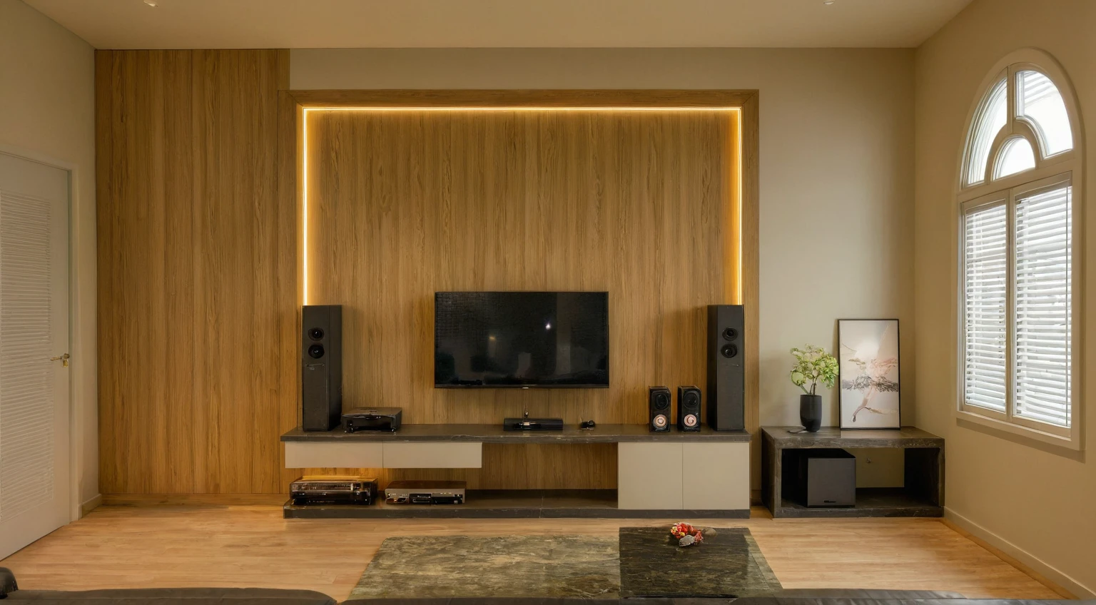 Raw photo, Masterpiece, high quality, best quality, authentic, super detail, interior, indoors, style modern, minimalist line, wooden, oak wood, led light, beige paint wall, sofa, atrium, LIVING ROOM, PEN HOUSE, kitchen, island kitchen, alu window, japan style, wasabi style, Jen style, steel stair, glass railing, penhouse