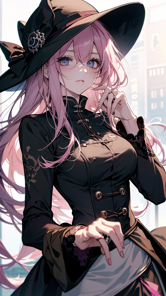 Pink hair and a black hat、Anime girl with a ring on her finger, 1 7 anime goth girl, Ishida Sui Art Manga, ( ( Stop 4 # ) ), inspired by Yukihiko Yasuda, black and white manga style, detailed manga style, Manga style, With index finger, ( ( ( yoh yoshinari ) ) )