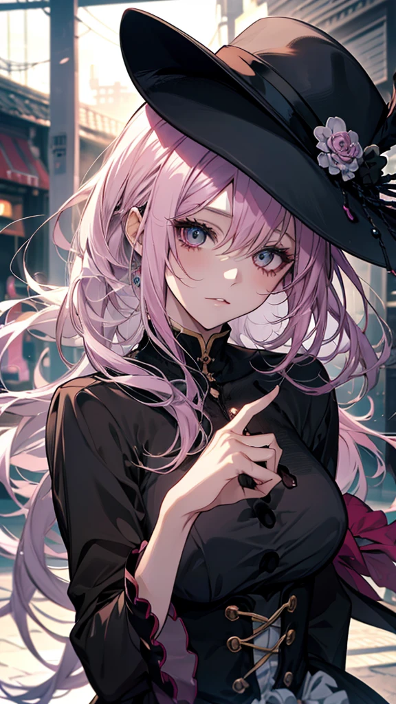 Pink hair and a black hat、Anime girl with a ring on her finger, 1 7 year old anime goth girl, Ishida Sui Art Manga, ( ( Stop 4 # ) ), inspired by Yukihiko Yasuda, black and white manga style, detailed manga style, Manga style, With index finger, ( ( ( yoh yoshinari ) ) )

