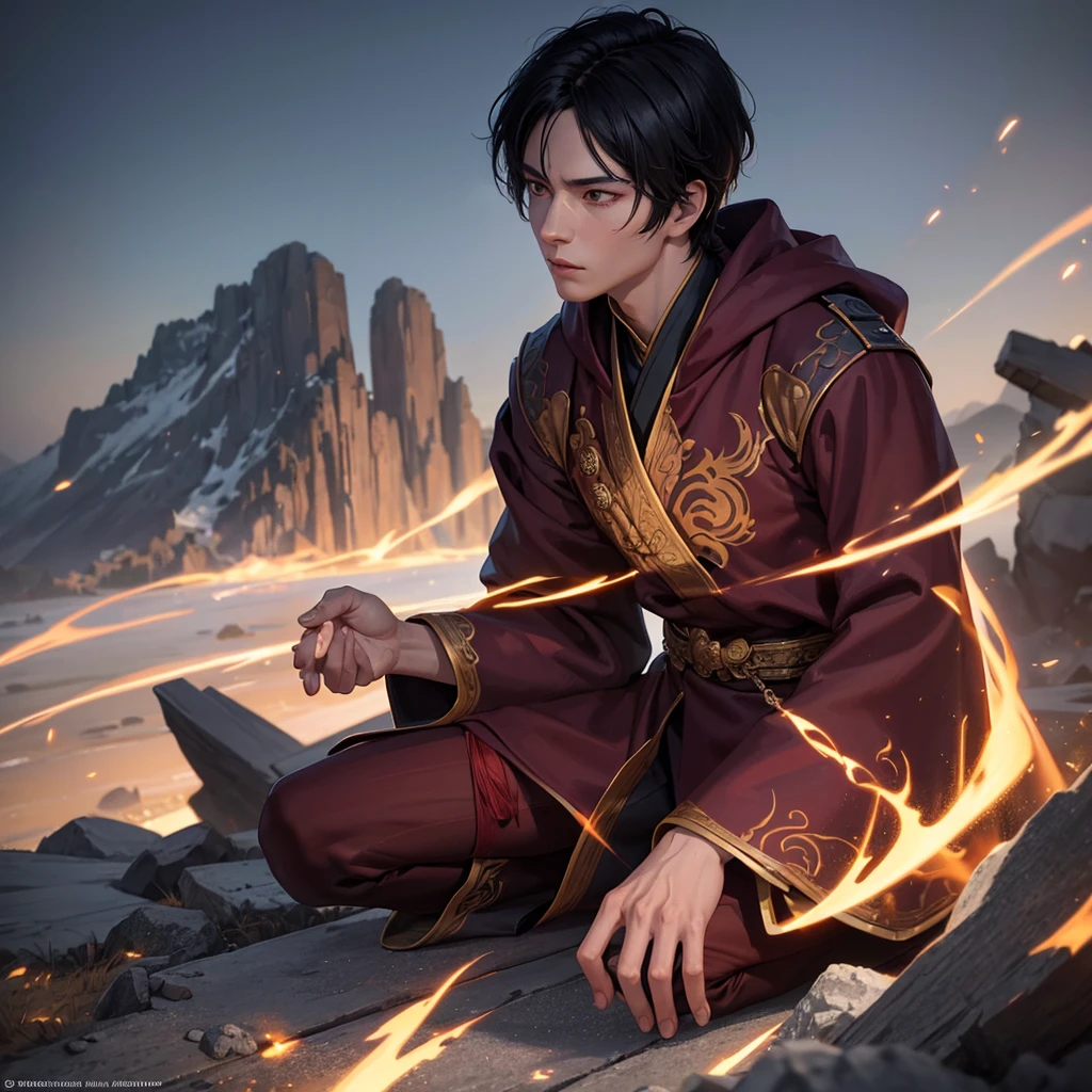 Zuko from Avatar the Last Airbender kneeling on the ground, praying ,detailed face left burn scar,detailed hands,beautiful detailed eyes,beautiful detailed lips,extremely detailed face and eyes,longeyelashes,detailed robes,intricate patterns on the robes,detailed background with mountains,detailed clouds in the sky,warm lighting,vibrant colors,fantasy,digital art,cinematic lighting,photorealistic,8k,highres,best quality,masterpiece