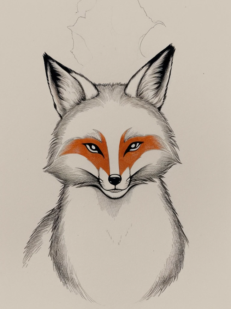 The fox mask is placed next to the head and drawn from head to toe with a white background.