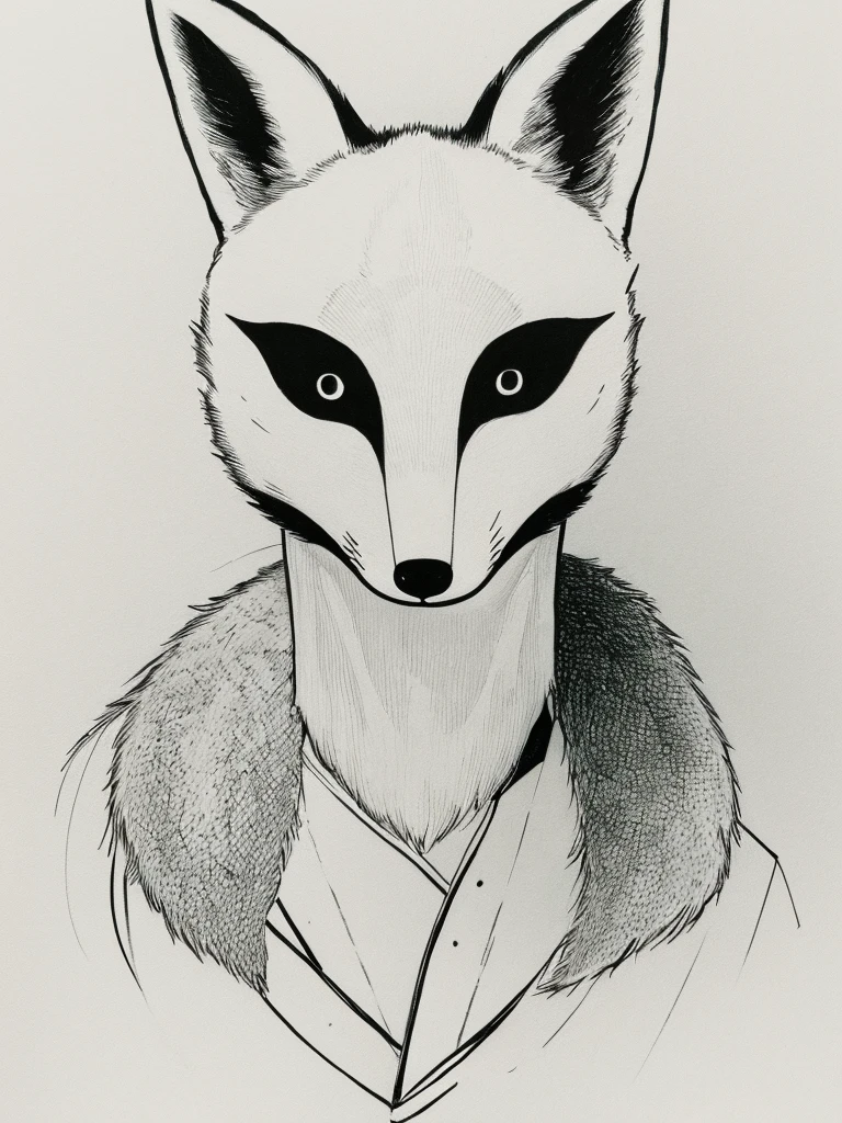The fox mask is placed next to the head and drawn from head to toe with a white background.