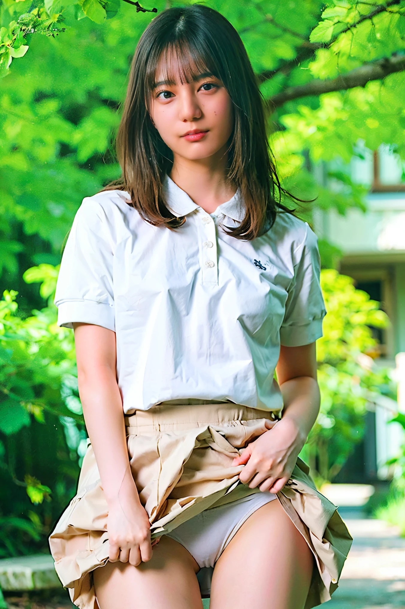 nsfw, lewd smile、(Realistic、Realistic:1.37)、(masterpiece)、(Highest quality:1.4)、(超A high resolution:1.2)、(RAW Photos:1.2)、(Sharp focus:1.3)、(stand:1.2)、(Realistic、Realistic)、smile、1 Girl、((Polo shirt、skirt、Thin legs))、elegant、(Whole Body Ezbian:1.2)、(Polo shirtとskirtを着た女の子:1.3)、Bangs、((Blonde)), Very cute Japanese girl、(かすかなsmile:1.3)、(Makes hair shine:1.3)、ショートプリーツskirt、Shooting from below、Beautiful and delicate eyes、 View your audience、Shooting from an up-angle、skirtの下の下着をこっそり撮影、White panties:1.8