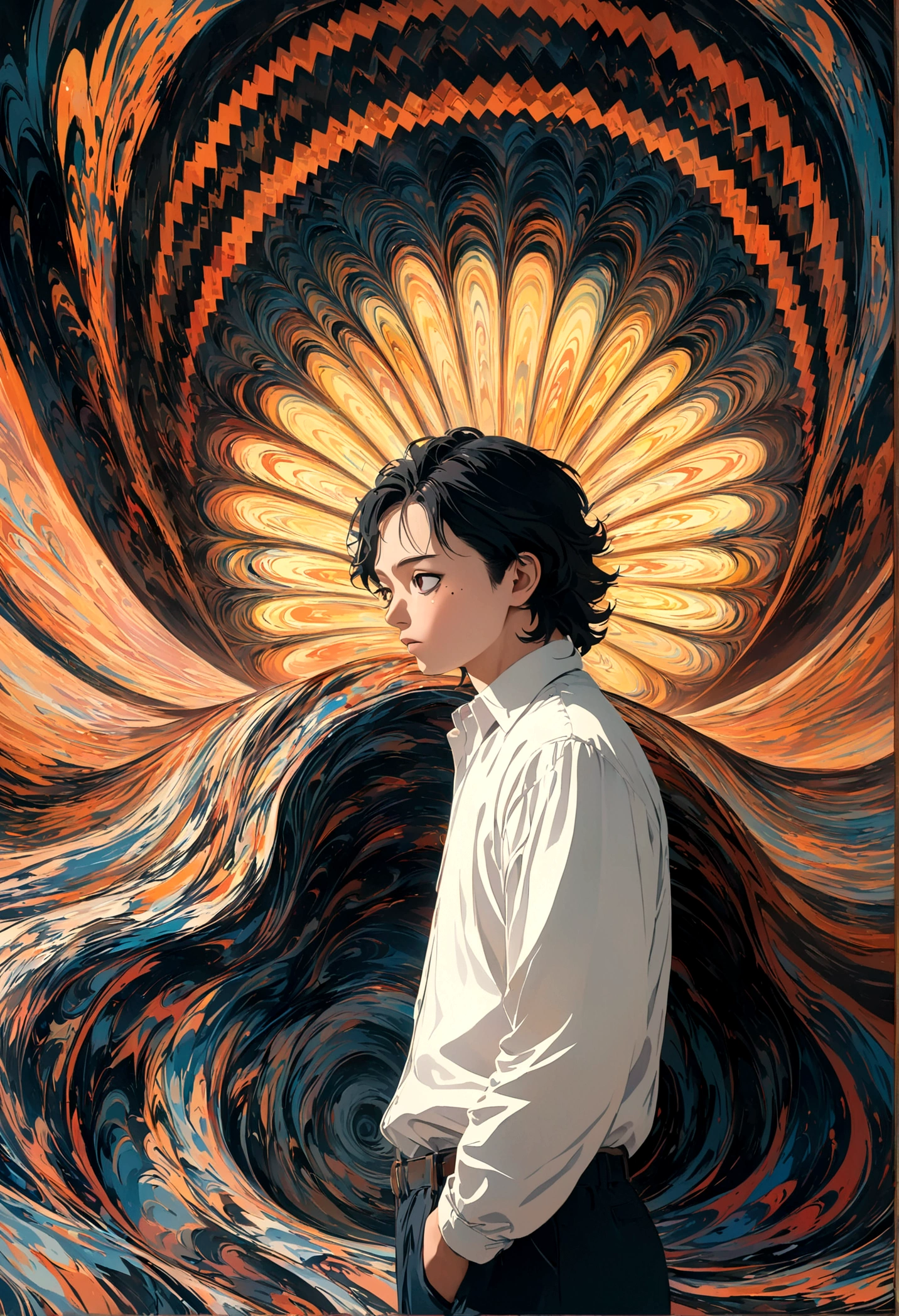 A middle-aged man with black hair, a mole under his eye, in a cowboy shot, Conceptual art, Op art, anime style, masterpiece quality, accurate details, 1080P, 4K