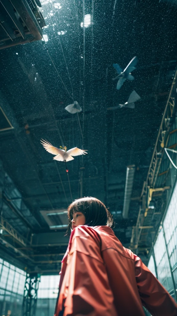 ((crane))、bird、Rainy Sky、1girl,from below