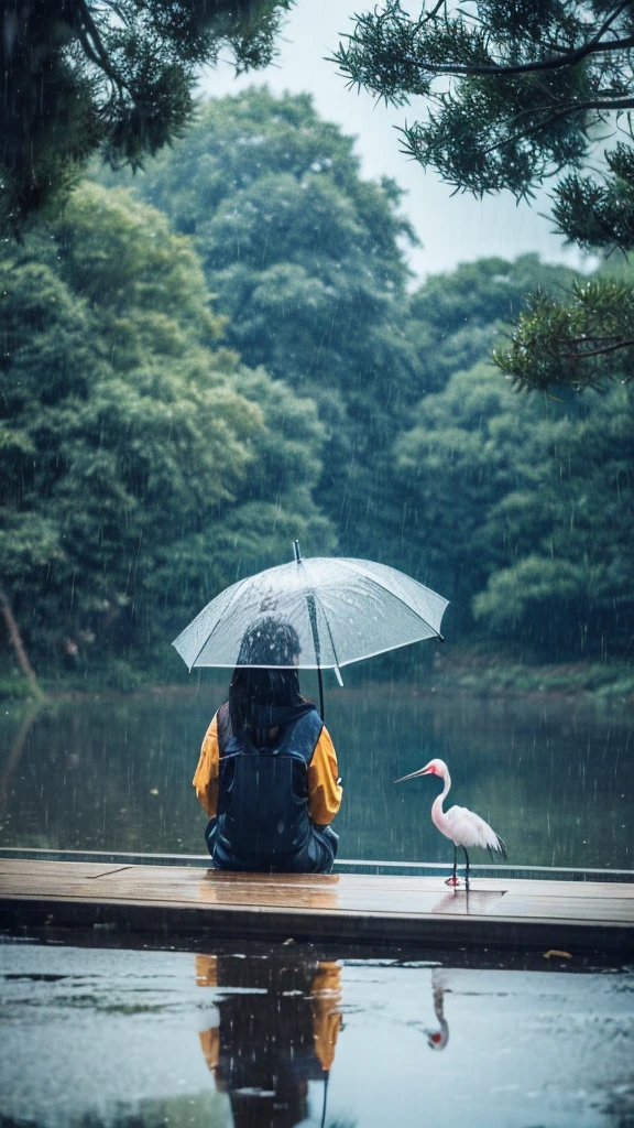 ((crane))、bird、Rainy Sky、1girl,from below