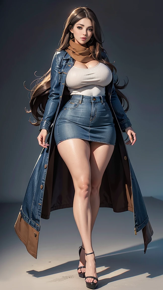 Full body photo of 1 beautiful woman, adult, big body, Voluptuous woman, (very long straight hair),( Brown hair), lined eyelids, makeup eyelids,  coat turtleneck,  scarf, neckline, (blue denim miniskirt),  Tempting , ringing, curvy hourglass figure, oppai ratio, Tight skirt , high, high, long legs