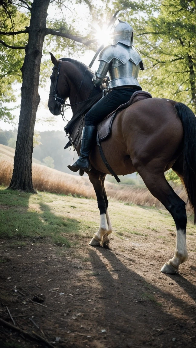 Highest quality, rear angle, low level shot, photo of a [Medieval|Fantasy] female knight with (muscular ass), (wearing [Chainmail|Leather] armor, exposed ass), perfect face, detailed facial features, looking back at viewer, serious expression, outdoors, in scenic high-fantasy country side woodlands, athletic body, big butt, (detailed skin), intricately detailed, overcast weather, dappled lighting, crepuscular rays, shadow casting, film grain, volumetric fog, photographed on a Canon EOS R3, 105mm F/2.8 VR Macro Lens, HDR, 8k, (sharp focus), cinematic film still from lord of the rings,  BREAK, surrounded by green forest view vibe while riding a stallion-horse with impressive huge horse cock),BREAK, (masterpiece),(best quality),(masutaa piisu), BREAK, riding on top a horse,  the horse is displaying its huge horse-pebie, ,must generate horse cock on the stallion-horse, riding on a horse, 