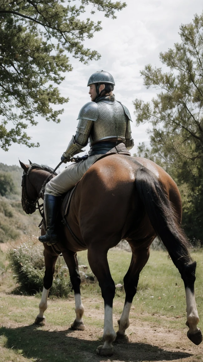 Highest quality, rear angle, low level shot, photo of a [Medieval|Fantasy] female knight with (muscular ass), (wearing [Chainmail|Leather] armor, exposed ass), perfect face, detailed facial features, looking back at viewer, serious expression, outdoors, in scenic high-fantasy country side woodlands, athletic body, big butt, (detailed skin), intricately detailed, overcast weather, dappled lighting, crepuscular rays, shadow casting, film grain, volumetric fog, photographed on a Canon EOS R3, 105mm F/2.8 VR Macro Lens, HDR, 8k, (sharp focus), cinematic film still from lord of the rings,  BREAK, surrounded by green forest view vibe while riding a stallion-horse with impressive huge horse cock),BREAK, (masterpiece),(best quality),(masutaa piisu), BREAK, riding on top a horse,  the horse is displaying its huge horse-pebie, ,must generate horse cock on the stallion-horse, riding on a horse, 