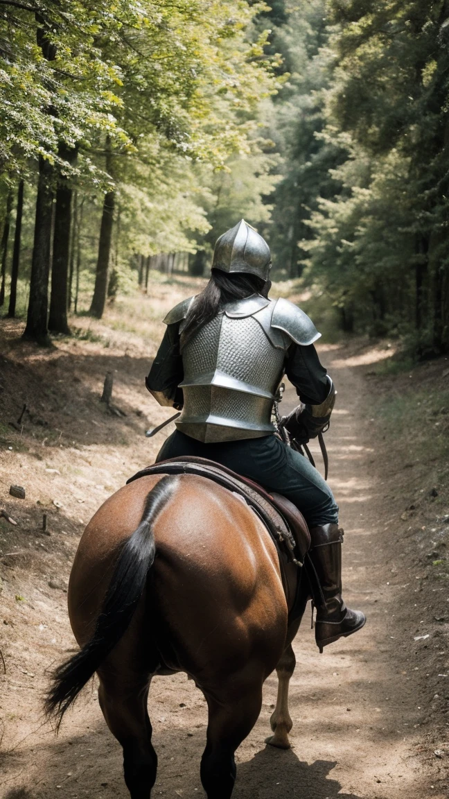 Highest quality, rear angle, low level shot, photo of a [Medieval|Fantasy] female knight with (muscular ass), (wearing [Chainmail|Leather] armor, exposed ass), perfect face, detailed facial features, looking back at viewer, serious expression, outdoors, in scenic high-fantasy country side woodlands, athletic body, big butt, (detailed skin), intricately detailed, overcast weather, dappled lighting, crepuscular rays, shadow casting, film grain, volumetric fog, photographed on a Canon EOS R3, 105mm F/2.8 VR Macro Lens, HDR, 8k, (sharp focus), cinematic film still from lord of the rings,  BREAK, surrounded by green forest view vibe while riding a stallion-horse with impressive huge horse cock),BREAK, (masterpiece),(best quality),(masutaa piisu), BREAK, riding on top a horse,  the horse is displaying its huge horse-pebie, ,must generate horse cock on the stallion-horse, riding on a horse, 