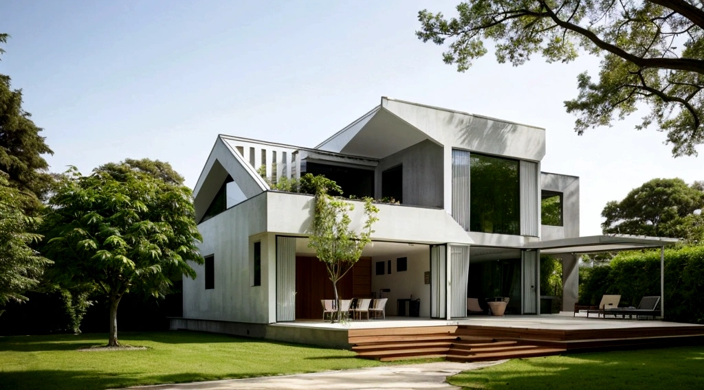 The house has a simple and neat architecture, boxy, with sharp and modern lines. Construction materials such as brick, concrete, glass and metal are widely used to create a modern and shiny appearance. The front of the house often has large windows or glass walls to maximize natural light and views. The doors are designed spaciously and can open to the garden or front balcony, creating an open and airy living space. The interior often has an open design, with the living space, kitchen and dining room connected to each other in a reasonable and convenient way. Use simple materials and furniture such as natural wood, steel and glass, combined with elegant colors such as white, gray, and black to create an elegant and modern look. The outside surface of the house is often planted with trees to cool and beautify, and also help reduce noise from the urban environment. This design often creates harmony between modern living space and the requirements of life in the city. Realistic images, 8k, extremely high resolution