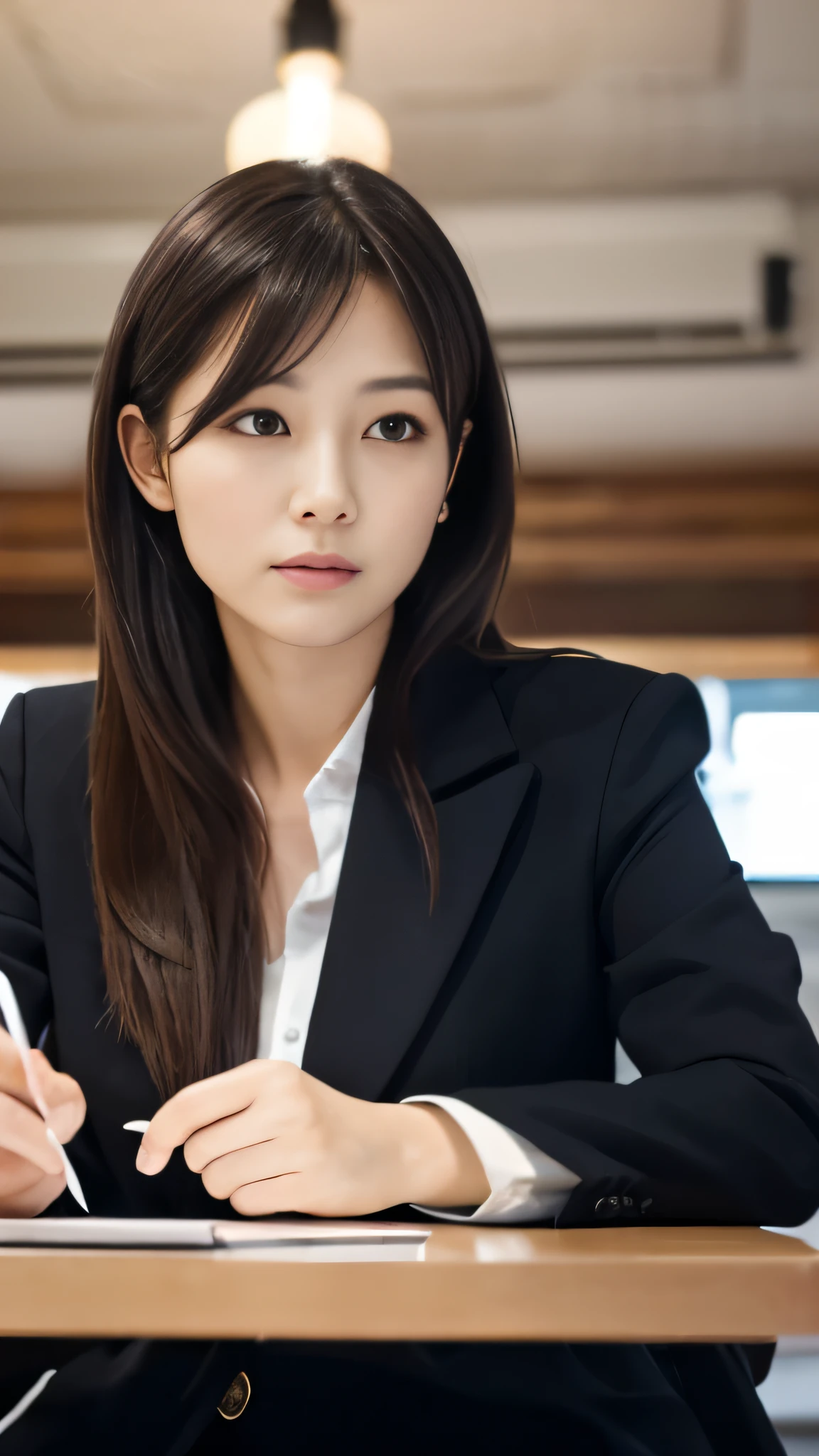 Generate a high-quality, realistic image of a 28-year-old Japanese female in a cafe, reviewing documents. Full-body composition, looking at the camera with her face well-lit. She has a professional demeanor, with medium-length hair styled for practicality, and a sharp gaze indicating focus. She's wearing smart casual attire: a button-up shirt and blazer, suitable for a detective assistant working in a public setting.