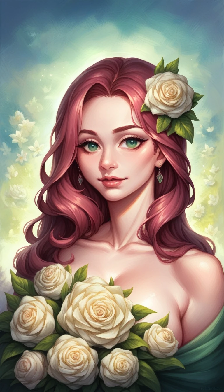 Woman with a bouquet of flowers in front of a painting, elegant digital painting, detailed beautiful portrait, Beautiful digital painting, beautiful gorgeous digital art, beautiful digital art, Gorgeous digital painting, beautiful digital illustration, digital art of elegance, Realistic picture of a cute girl, amazing digital painting, Airbrush digital oil painting, Digital Fine Art Photography, beautiful portrait image, very beautiful digital art
