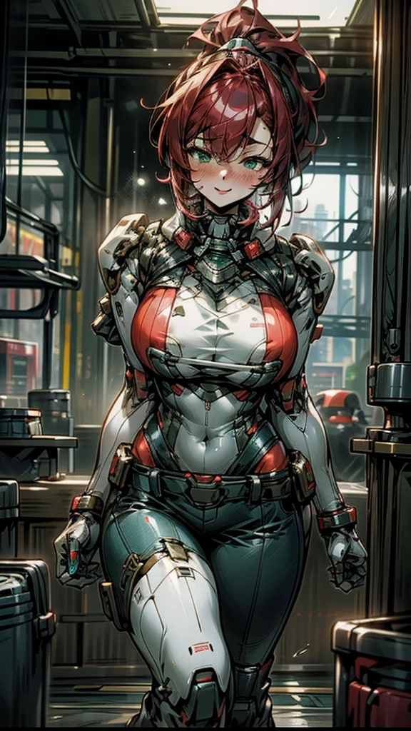 18-year-old girl，Baby Face，Crimson short-haired，ponytail hairstyle，Smile，Huge breasts，cleavage，Sheer red sleeveless top，Leave space in the middle to reveal cleavage，Soaked all over，Blushing，green eyes，Female spy，Red miniskirt，White gloves，White hand sleeves，White boots，Science fiction，Future，Inside the mecha combat robot warehouse，robot driver，Pistol hanging on waist，No bangs，Wearing earrings only on one side，Lipstick