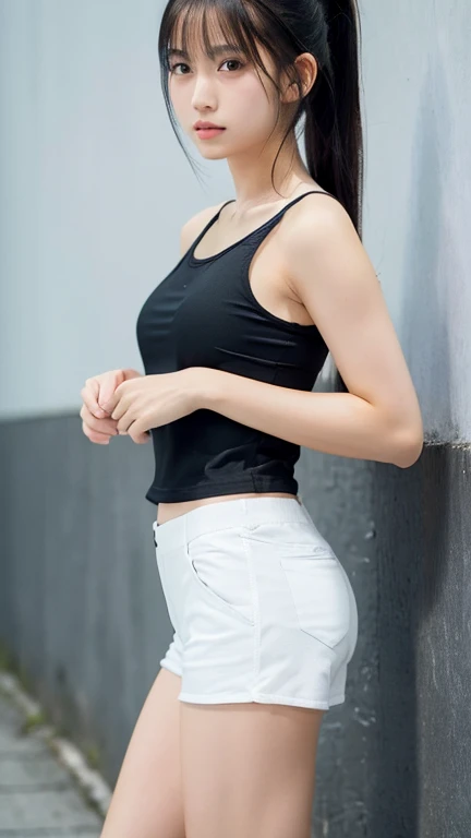 ((High definition))、((high quality))、((8K))、Japanese、Beauty、Very small tank top、Very small shorts、Jet Black Hair、ponytail、White skin、21 years old、Tight-fitting shorts、Very tight shorts