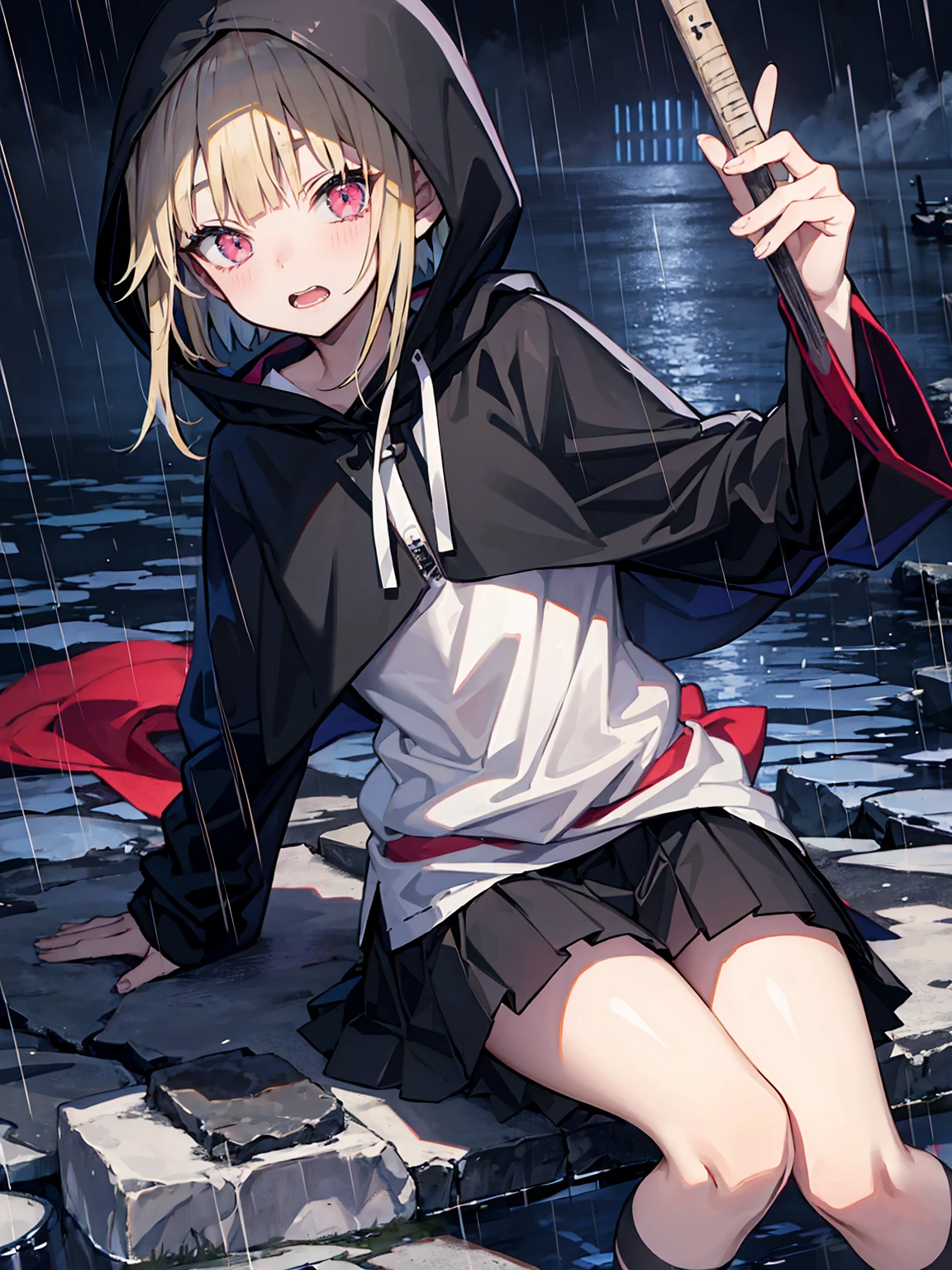 Himiko Toga、Wearing a black hood、Rainy dark night city、