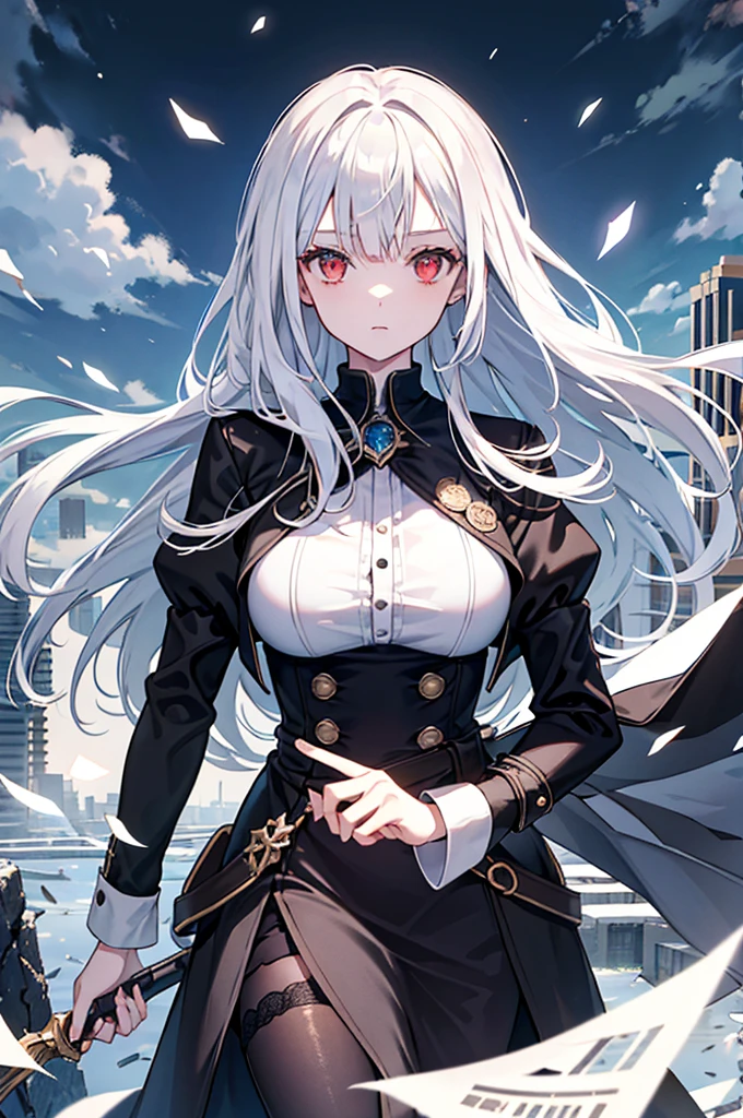 A girl,( Dull hair)，Wing-like bangs，a dark coat, black eyes, monocle, broken mirror ground, overlook, large scene of city, flying glass debris and paper fragments, flying stones, ((strong winds)), ruins, science fiction, complex details, and high quality，Iceberg Beauty,1girl,red eyes,long hair,hime_cut,{hair in takes},medium breasts,white hair,silver_hair，