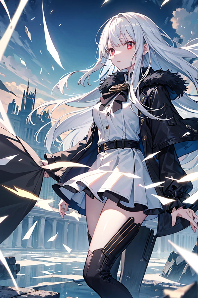 A girl,( Dull hair)，Wing-like bangs，a dark coat, black eyes, monocle, broken mirror ground, overlook, large scene of city, flying glass debris and paper fragments, flying stones, ((strong winds)), ruins, science fiction, complex details, and high quality，Iceberg Beauty,1girl,red eyes,long hair,hime_cut,{hair in takes},medium breasts,white hair,silver_hair，