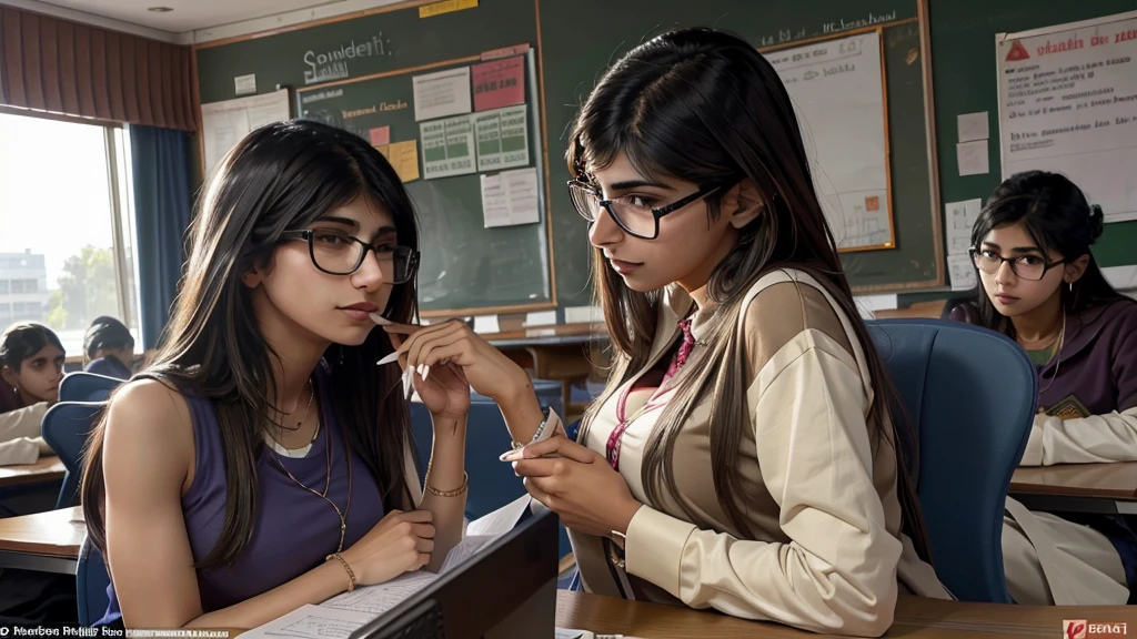 Mia khalifa having sex with Indian student in a school at the teacher's table. Whole class is watching them