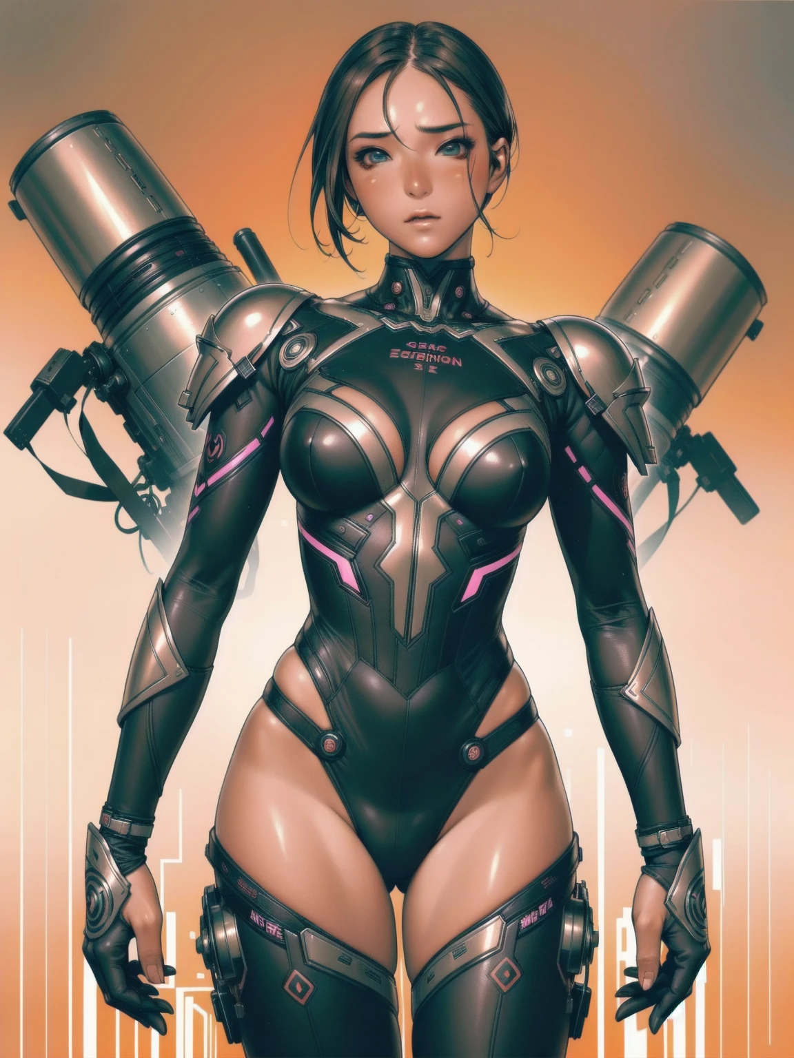 (((Juri Street Fighter))), ((best qualityer)), (((Venom outfit))), (((slim))), (Muscles), (((fit body armor suit))), ((Perfect masterpiece)), (detailded: 1.4), (absurdrez), (((long hair with heavy bangs covering the entire forehead))), (((full body fitness, Venom symbol)), (((short hair woman, blushful))), 21 year old woman, beautiful sexy woman, giant robot pilot, wild with perfect corpo fitness, wearing small mecha battle armor clothes, tiny thong, Shonen manga style, clothing with Japanese cyberpunk graphic patterns, Halftone pattern and vertical stripes, earth tone, exiting the body of a giant robot, (((cowboy shot)))