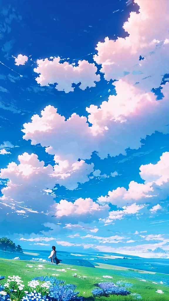 A single figure floats serenely in a vast, vivid blue sky filled with enormous, highly detailed cumulus clouds. The scene captures an ethereal moment, with the individual seemingly suspended in mid-air, surrounded by layers of fluffy white and blue clouds that create a sense of depth and movement. Sunlight filters through the clouds, casting gentle shadows and illuminating the various shades of blue and white, adding a dreamlike quality to the image. The overall atmosphere conveys a sense of tranquility, freedom, and wonder, as if the person is drifting through a boundless, heavenly expanse.
