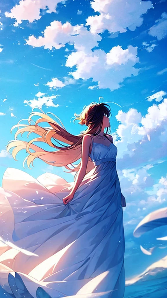 A single figure floats serenely in a vast, vivid blue sky filled with enormous, highly detailed cumulus clouds. The scene captures an ethereal moment, with the individual seemingly suspended in mid-air, surrounded by layers of fluffy white and blue clouds that create a sense of depth and movement. Sunlight filters through the clouds, casting gentle shadows and illuminating the various shades of blue and white, adding a dreamlike quality to the image. The overall atmosphere conveys a sense of tranquility, freedom, and wonder, as if the person is drifting through a boundless, heavenly expanse.