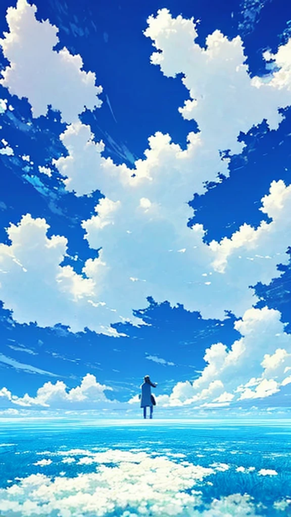 A single figure floats serenely in a vast, vivid blue sky filled with enormous, highly detailed cumulus clouds. The scene captures an ethereal moment, with the individual seemingly suspended in mid-air, surrounded by layers of fluffy white and blue clouds that create a sense of depth and movement. Sunlight filters through the clouds, casting gentle shadows and illuminating the various shades of blue and white, adding a dreamlike quality to the image. The overall atmosphere conveys a sense of tranquility, freedom, and wonder, as if the person is drifting through a boundless, heavenly expanse.