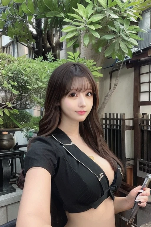 Japanese girl long black hair with bangs big tits, with blacksmith clothes, holding blacksmith tools