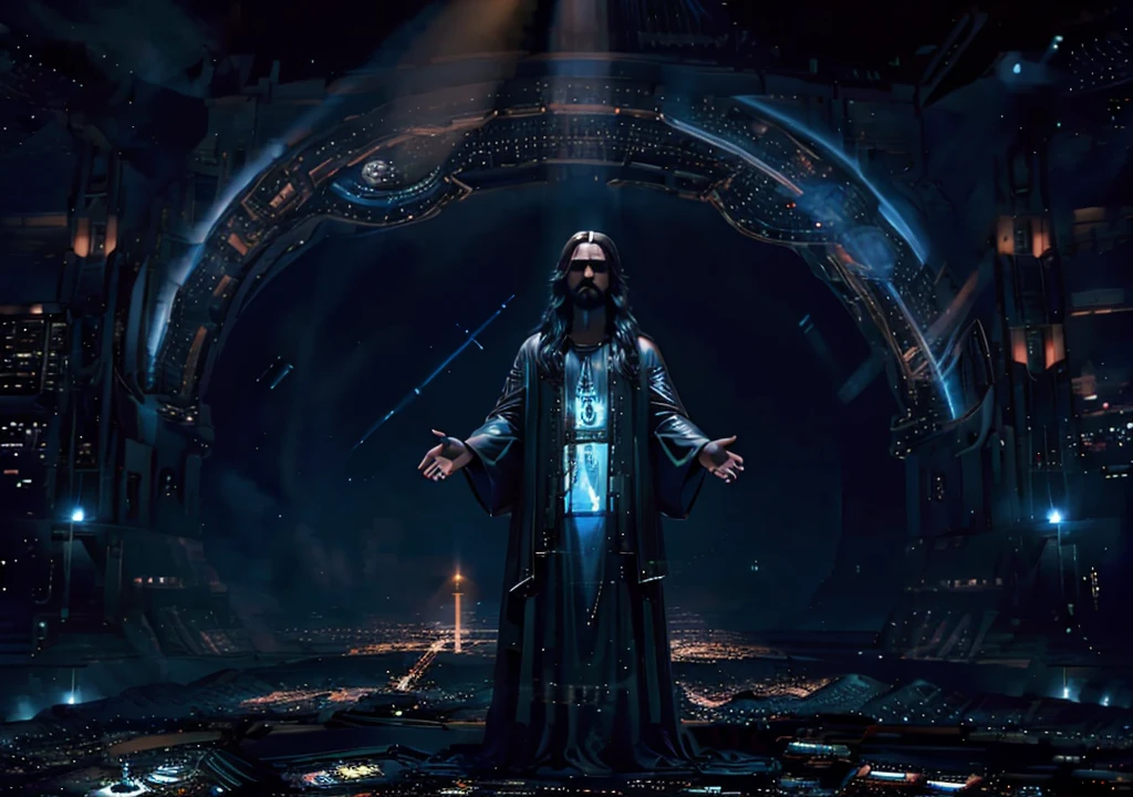 Jesus scene abducted by aliens and full of symbols in the background of the image