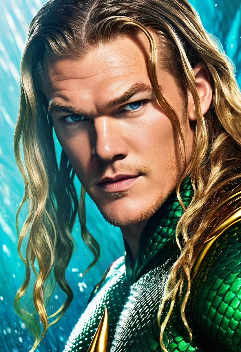 (((Extreme close-up Alan Ritchson under the mantle of Arthur Curry aka Aquaman long hair slime front images color images Splash))) 