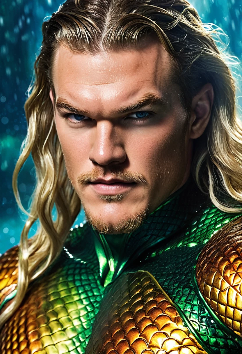 (((Extreme close-up Alan Ritchson under the mantle of Arthur Curry aka Aquaman long hair slime front images color images Splash)))