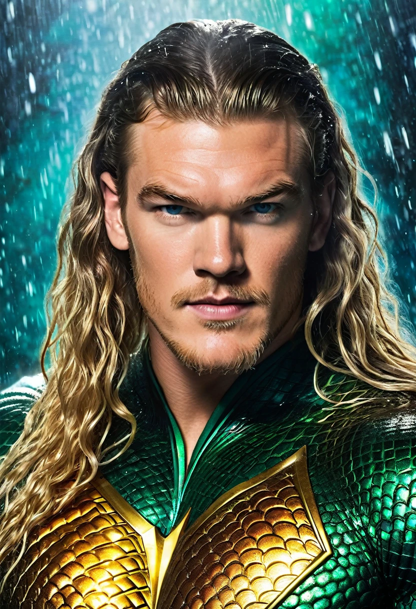 (((Extreme close-up Alan Ritchson under the mantle of Arthur Curry aka Aquaman long hair slime front images color images Splash))) 
