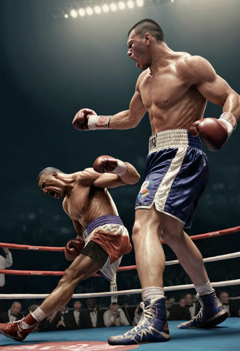 Very detailed, hyper realistic boxer with his back to the ring at the right moment when he is knocking out his rival and the entire audience is in ecstasy.