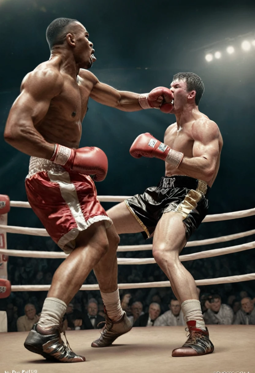 Very detailed, hyper realistic boxer with his back to the ring at the right moment when he is knocking out his rival and the entire audience is in ecstasy.