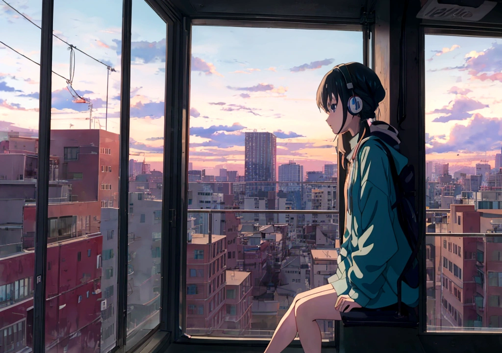 Anime girl wearing headphones looking out the window at the city, Lo-fi Girl, Kaisei and Artgelm, Anime atmosphere, Lofi Artstyle, Anime Style 4k, Anime Aesthetics, Lo-fi feeling, Lofi Art, anime art wallpaper 4k, anime art wallpaper 4k, anime wallpaper 4k, anime wallpaper 4k, An atmosphere of praise, 