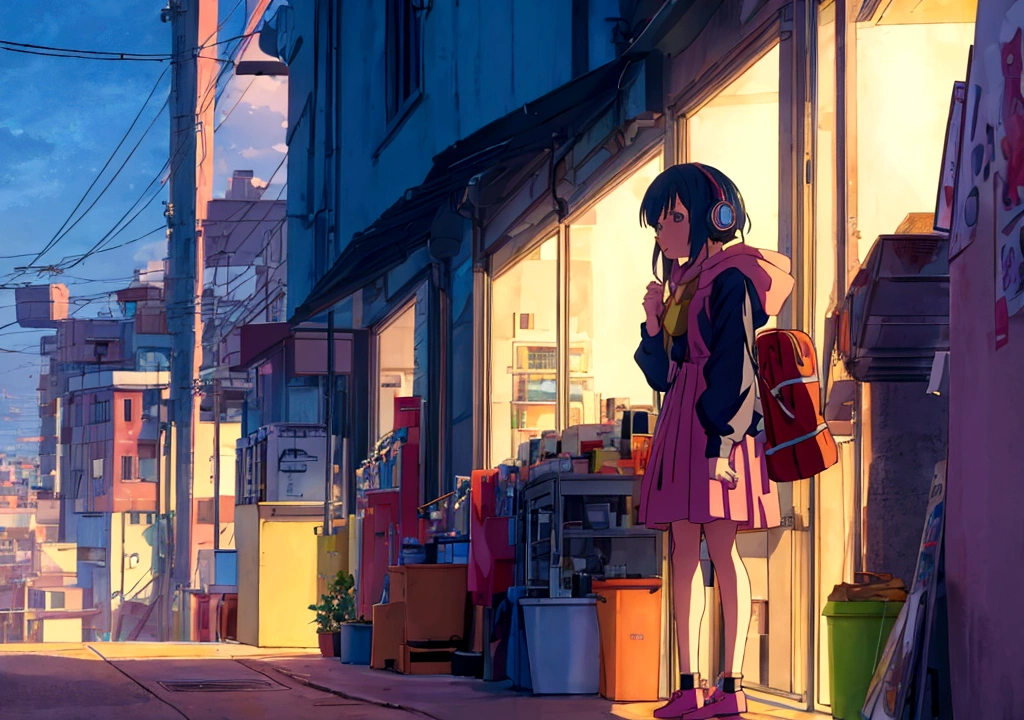 Anime girl wearing headphones looking out the window at the city, Lo-fi Girl, Kaisei and Artgelm, Anime atmosphere, Lofi Artstyle, Anime Style 4k, Anime Aesthetics, Lo-fi feeling, Lofi Art, anime art wallpaper 4k, anime art wallpaper 4k, anime wallpaper 4k, anime wallpaper 4k, An atmosphere of praise, 