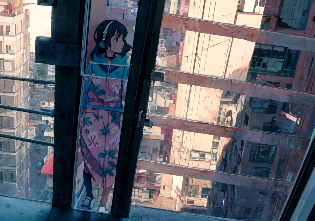Anime girl wearing headphones looking out the window at the city, Lo-fi Girl, Kaisei and Artgelm, Anime atmosphere, Lofi Artstyle, Anime Style 4k, Anime Aesthetics, Lo-fi feeling, Lofi Art, anime art wallpaper 4k, anime art wallpaper 4k, anime wallpaper 4k, anime wallpaper 4k, An atmosphere of praise,