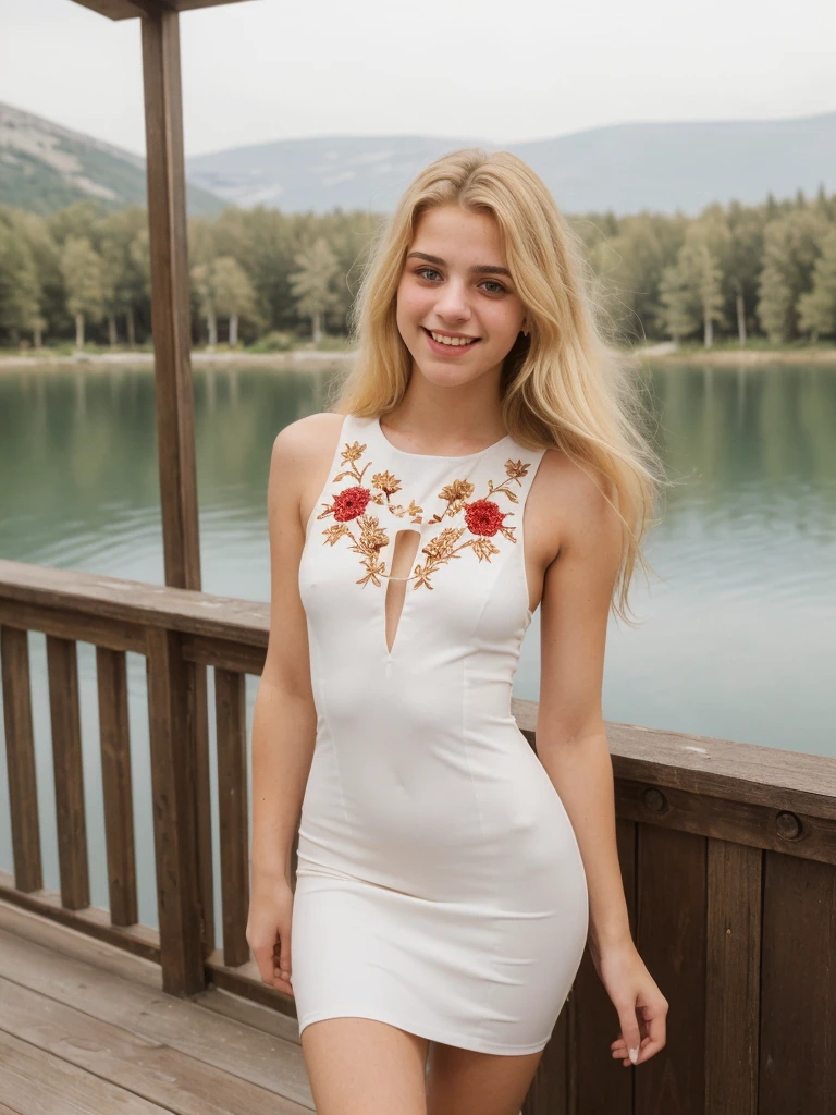 hannahhays, ugly:1.2, solo, (realistic, photorealistic, hyperrealistic, ((Greek woman, Greek features)), (((18 years old, 18 year-old woman, 18 year-old body))), (((medium long hair, blonde hair, blond hair))) ((thin body, flat chested)), fair complexion, nudity, she is fully-naked, (((she is seductively standing on the balcony of a color white-themed modern wooden cafe overlooking a serene lake. She is dressed in a seductive vibrant red embroidered mini bodycon dress that complements the natural surroundings. The color white-themed cafe itself is a blend of modern architecture and rustic wood, designed to harmonize with the tranquil lake landscape.))), she is looking at the camera smiling, (((dynamic pose)))