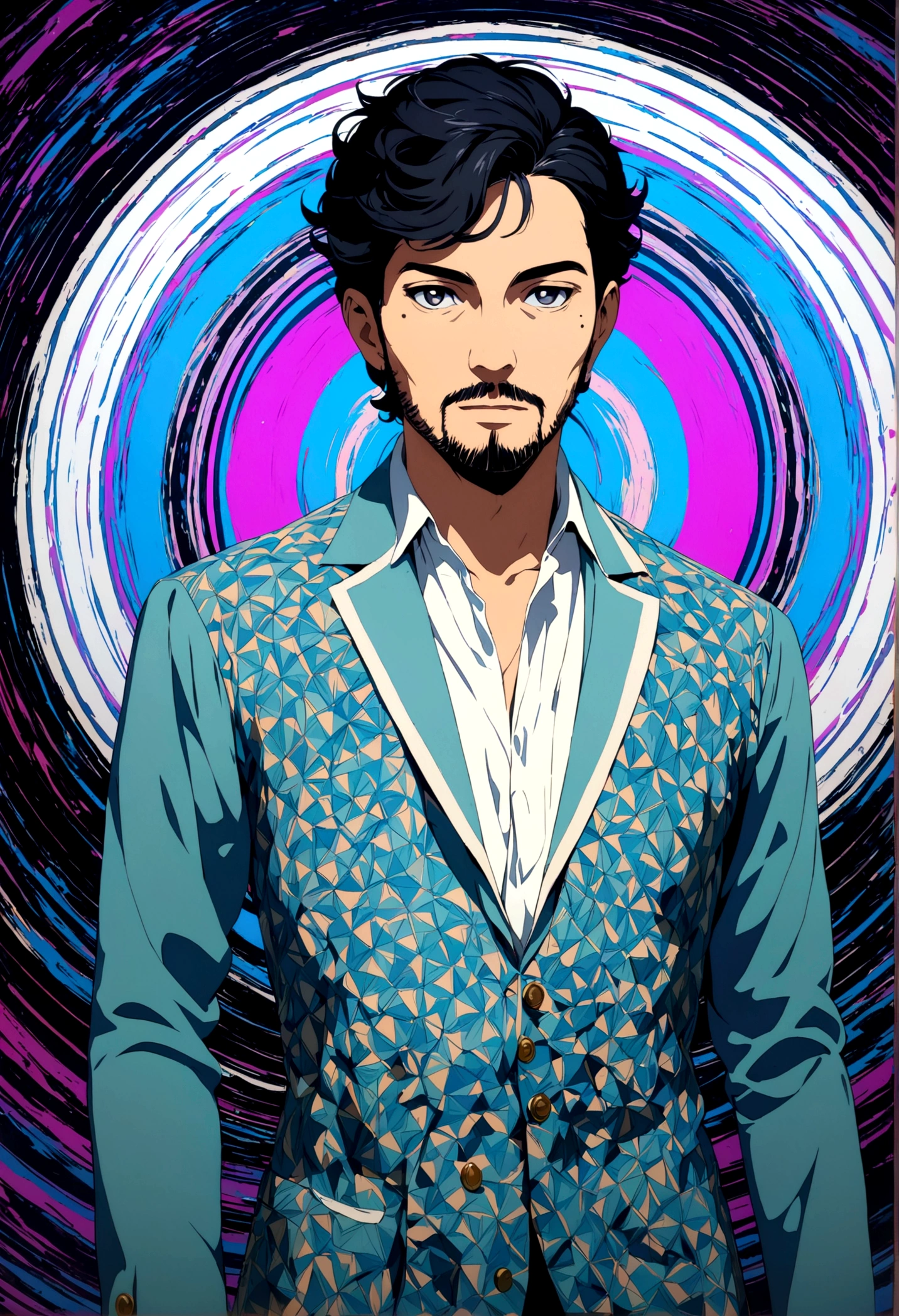 A middle-aged man with mid-length black hair, a mole under his eye, and facial hair, in a cowboy shot, Conceptual art, Op art, anime style, masterpiece quality, accurate details, 1080P, 4K