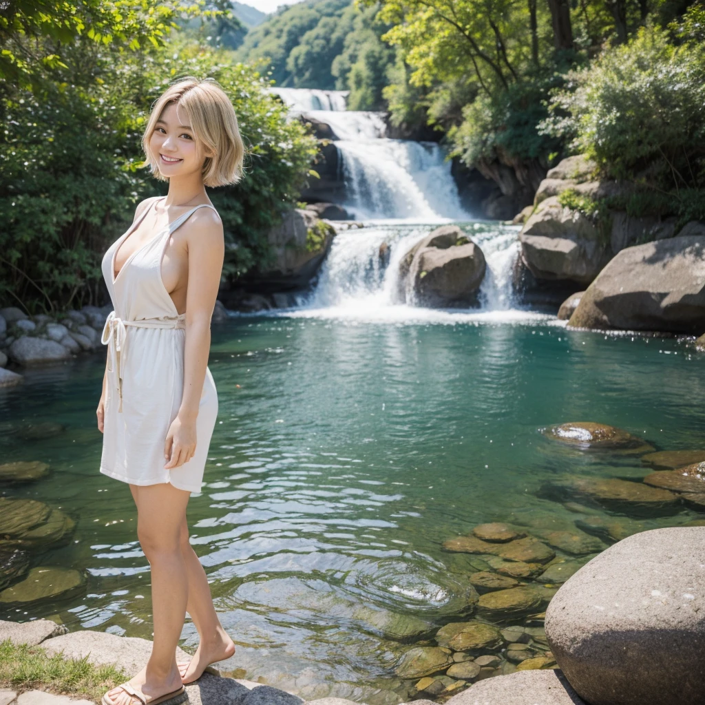 Miley Cyrus wearing a yellow lace bikini, thin necklace, earrings, standing sexy, realistic light, behind is a waterfall, with trees, mountains