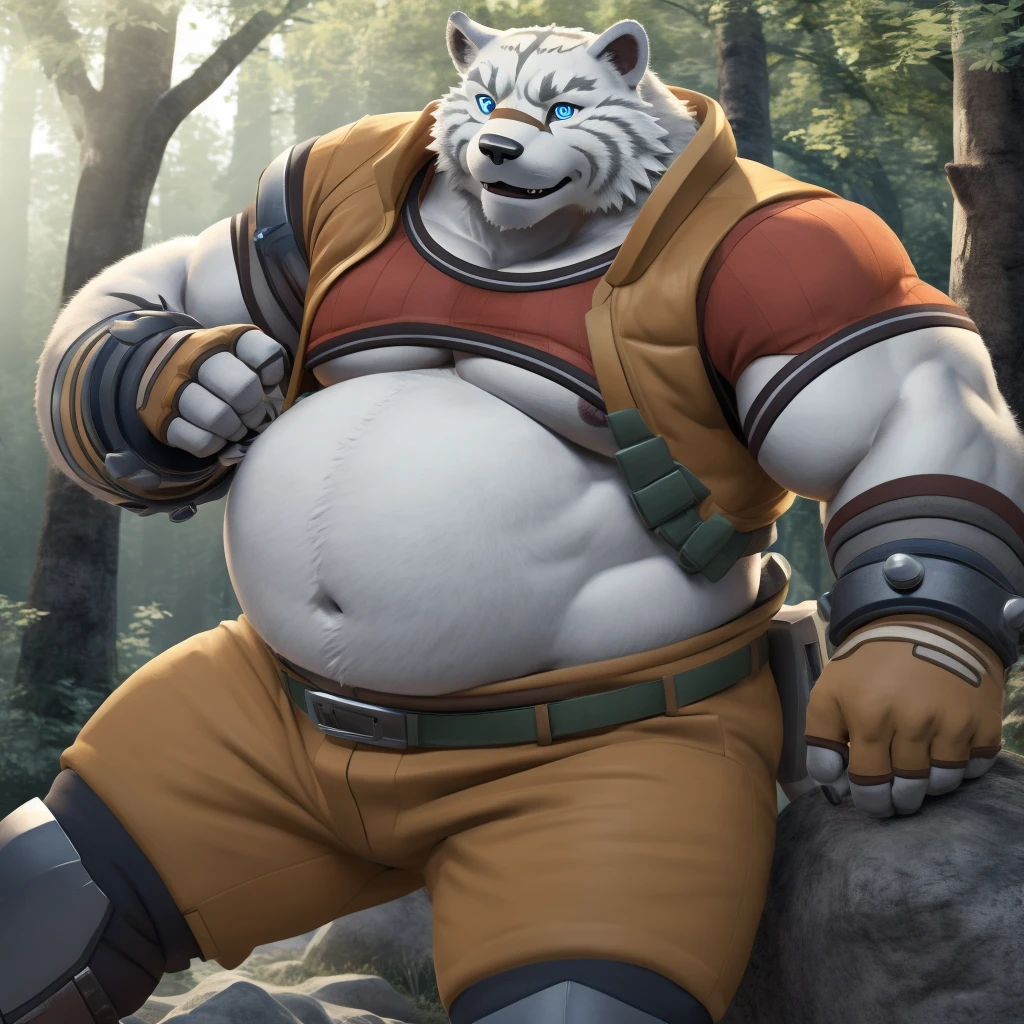 Animal kingdom Tank Hero Academia Shonen Anime style, full body image, Casual, neighborhood style, big obese teen, in sport clothes, He is a huge obese Sumo in huge obese weight gain process, detailed face, detailed eyes, detailed nose, defined face, big belly, high resolution settings, settings to fix face, high resolution settings, face fix settings, Whismical model, detailed eyes, detailed hands best quality,realistic lighting, male, anthro,muscular, muscular male, solo, bodily fluids, abs, pecs, muscular anthro, hi res, nipples, detailed background, forest, (yohei:1.2), (perfect eyes:1.2),white fur,  (ultra detailed paws)